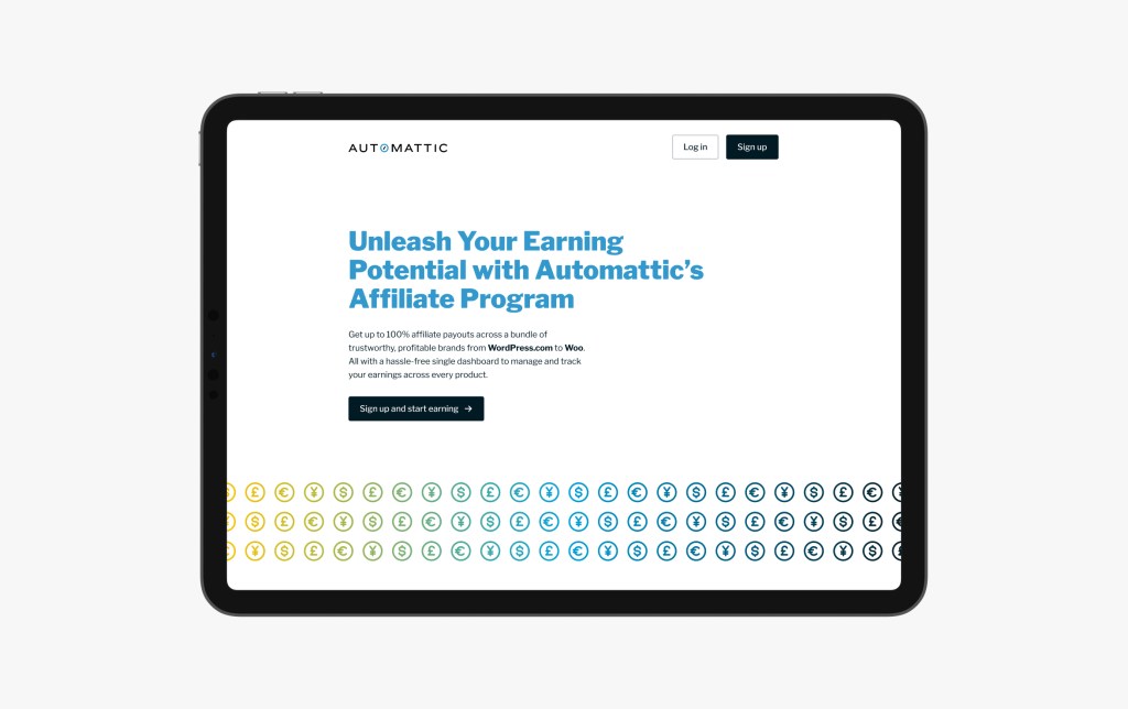 Tablet displaying a webpage promoting Automattic's Affiliate Program, highlighting earning potential and affiliate payouts.