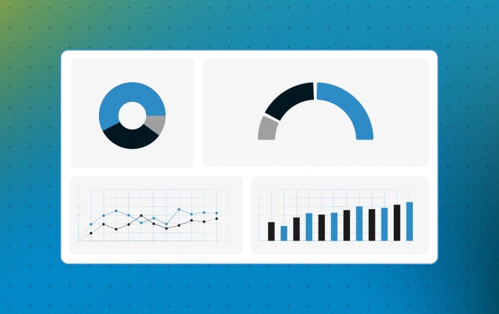 A series of four data visualization panels showcasing various types of graphs and charts, including a pie chart, a gauge, a line graph, and a bar graph, all set against a blue gradient background.
