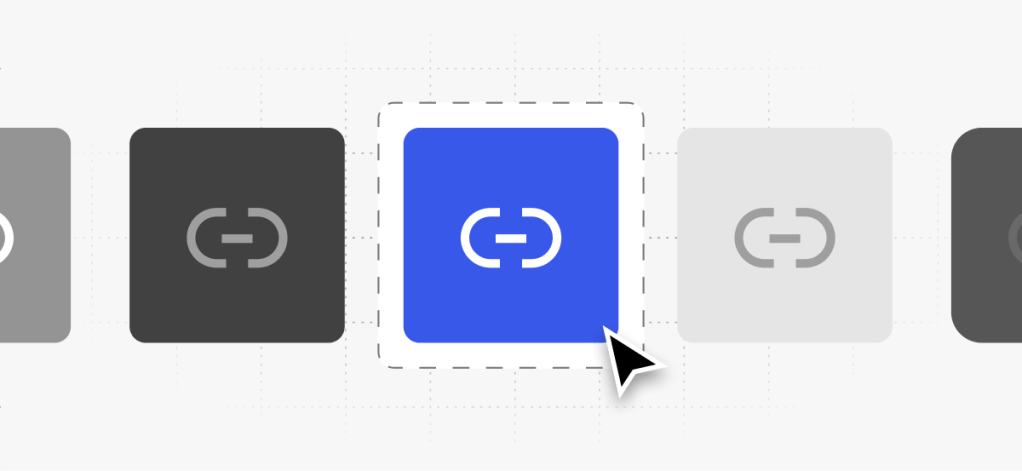 A row of square link-icon buttons with one bright blue button selected, illustrating styled, eye-catching affiliate link buttons.